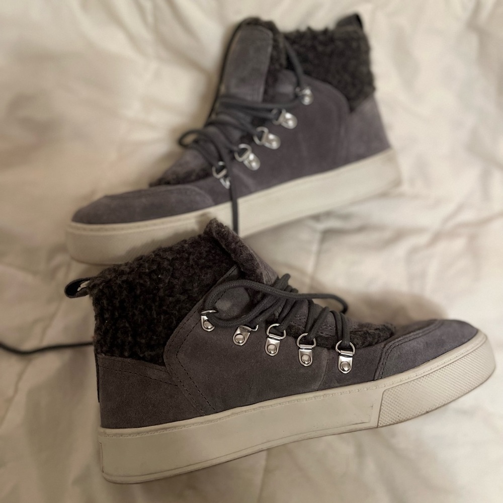 MARC FISHER Suede Sherpa Sneaker Booties - Gray - Size 8